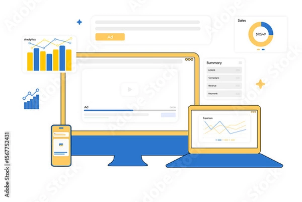 Obraz Digital marketing concept with floating ads design and results, transparent png. Finance, growth, business, dashboard, sales, leads