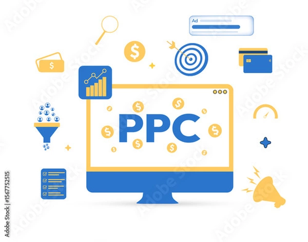Obraz Pay per click on the computer screen with modern floating shapes around it, backdrop. Ppc ads, advertising, market, business growth, strategy
