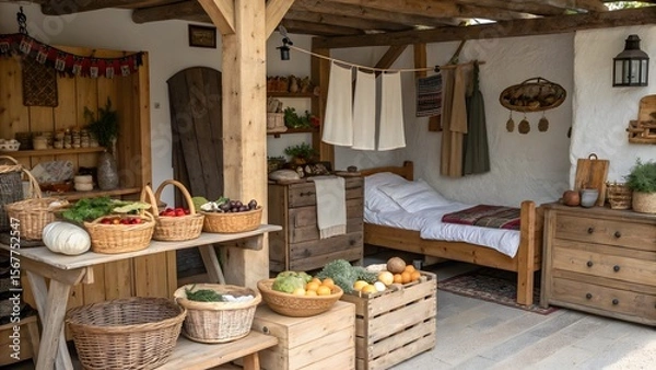 Obraz Rustic Kitchen Interior with Fresh Produce and Cozy Atmosphere