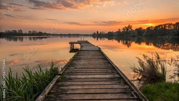 Obraz Serene Sunset Over Calm Lake with Wooden Pier and Reflections
