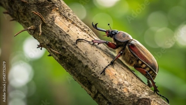 Obraz Vibrant Close-Up of a Beetle Climbing a Tree Branch in Nature
