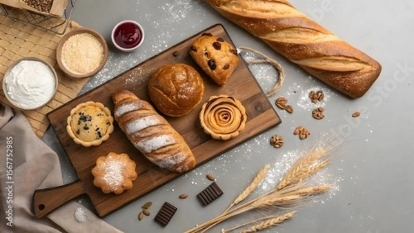Obraz Freshly Baked Assortment of Pastries and Bread on Wooden Board