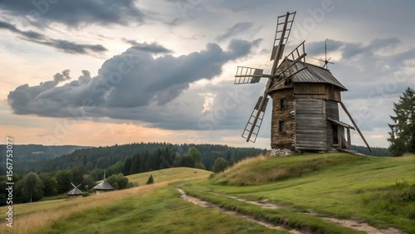 Obraz Historic Windmill on Rolling Hills Under Dramatic Cloudy Sky
