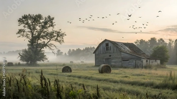 Obraz Serene Early Morning Landscape with Barn and Birds in Flight