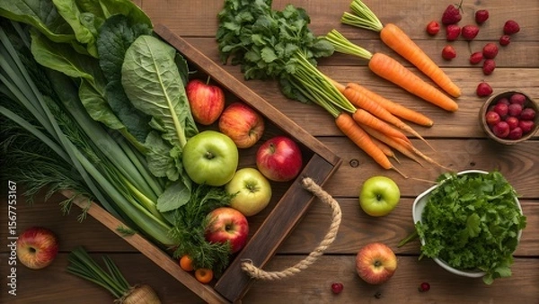 Obraz Fresh Organic Vegetables and Fruits Arrangement on Wooden Table