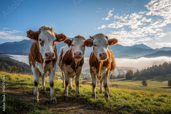 Fototapeta Trio Of Brown And White Cows In Misty Alpine Pasture At Sunrise. Mountain Cows