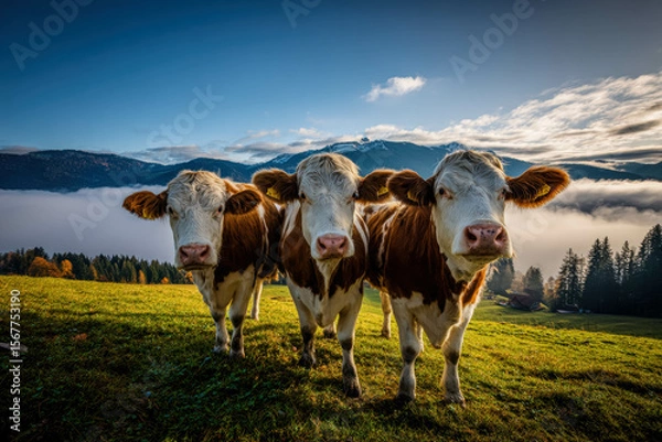 Fototapeta Three Curious Dairy Cows On Foggy Mountain Meadow With Golden Morning Light. Mountain Cows