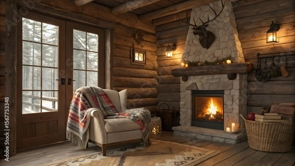 Obraz Cozy Rustic Living Room with Fireplace and Warm Decor Elements