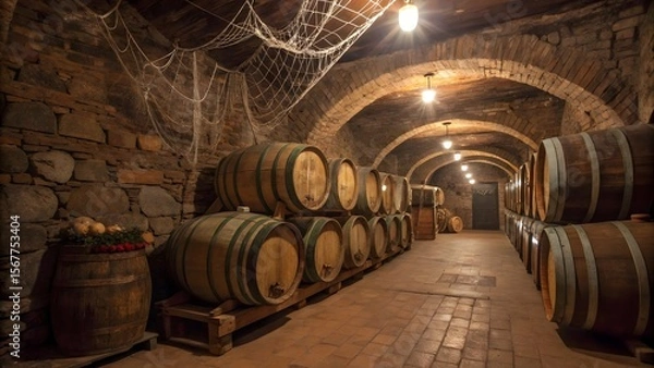 Obraz Rustic Wine Cellar with Wooden Barrels and Stone Walls