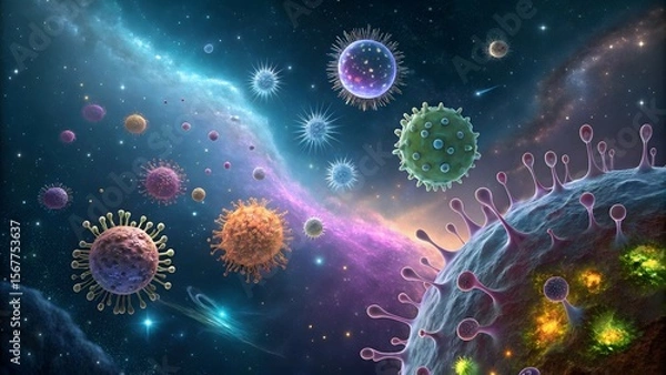 Obraz Colorful Microorganisms in a Cosmic Space Environment Illustration