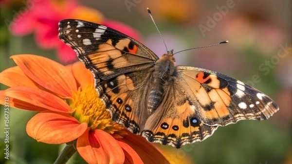 Obraz Colorful Butterfly Perched on Bright Orange Flower Petals in Garden