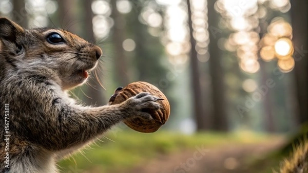Obraz Squirrel Holding Nut in Forest Setting with Soft Evening Light