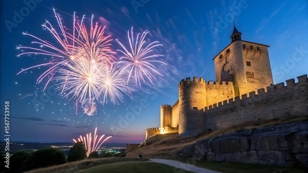 Obraz Spectacular Fireworks Display Over Historic Castle at Dusk