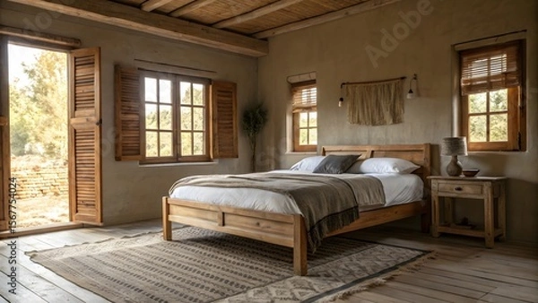 Obraz Cozy Rustic Bedroom with Natural Light and Wooden Furnishings