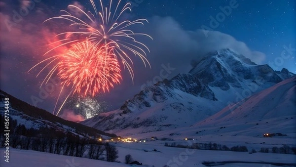 Obraz Fireworks Display Over Snowy Mountain Landscape at Night