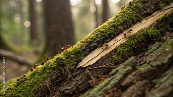 Obraz Ants Crawling on Mossy Log in Forest Setting with Soft Background