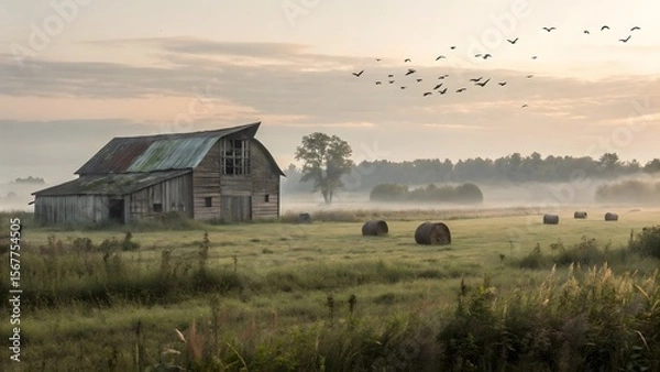 Obraz Serene Barn Landscape at Dawn with Fog and Flying Birds