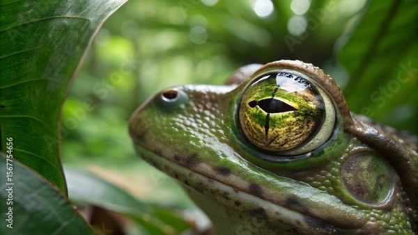 Obraz Close-Up of Colorful Frog with Detailed Eye in Lush Green Environment