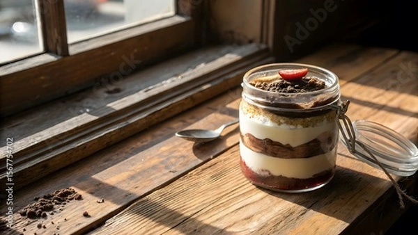 Obraz Delicious Layered Dessert in Glass Jar with Fresh Strawberry Topping