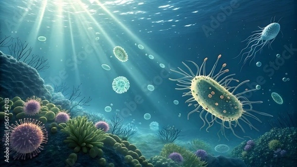 Obraz Vibrant Underwater Microorganisms in a Lively Ocean Environment