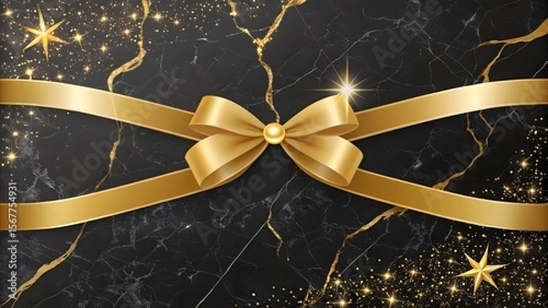 Obraz Elegant Gold Bow on Black Marble Background for Celebratory Designs