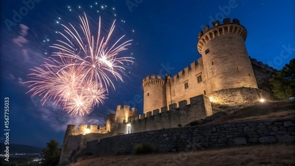 Obraz Majestic Castle with Fireworks Display Under Night Sky