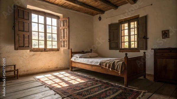 Obraz Cozy Bedroom with Vintage Wooden Bed and Natural Light Streaming In
