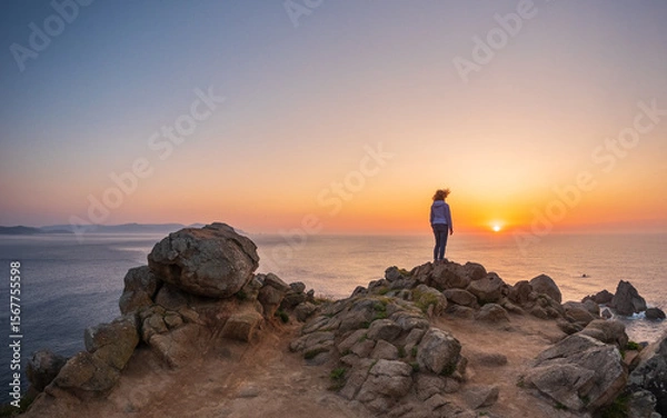 Fototapeta Woman standing on rocky cliff at Estaca de Bares Galicia Spain watching sunset over Atlantic Ocean with colorful sky and calm sea in background