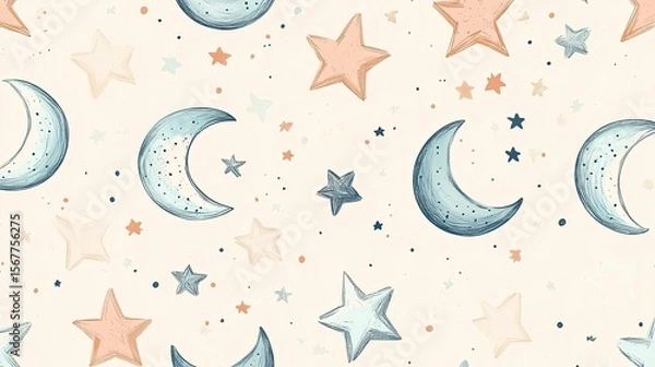 Fototapeta The stock photo shows a seamless pattern of hand-drawn stars and moons in a soft, muted color palette.