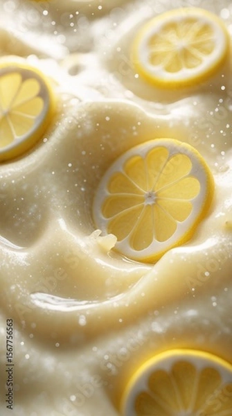 Fototapeta creamy lemonade background with floating thin lemon slices and visible pulp