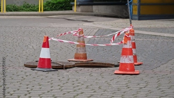Fototapeta Opened Sewer Manhole with Metal Lid Secured with Street Roadworks Traffic Cones and Protective Tape as Safety Precaution