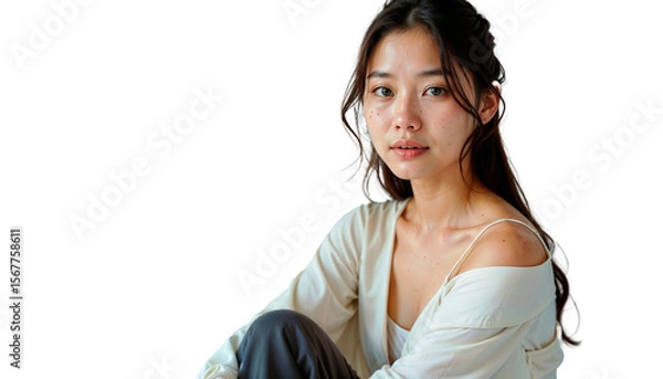 Fototapeta Beautiful young woman with a serene expression in natural light