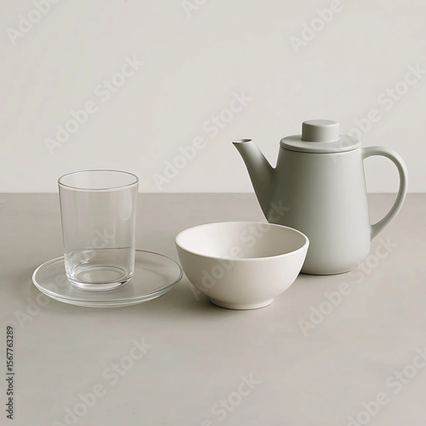 Fototapeta Elegant Grey Teapot, Glass, and Bowl Set Modern Minimalist Kitchenware