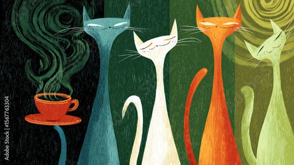 Fototapeta Four stylized cats with long necks and closed eyes — blue, white, and orange — near a steaming green cup on a red saucer, spiral steam, dark green-black background.