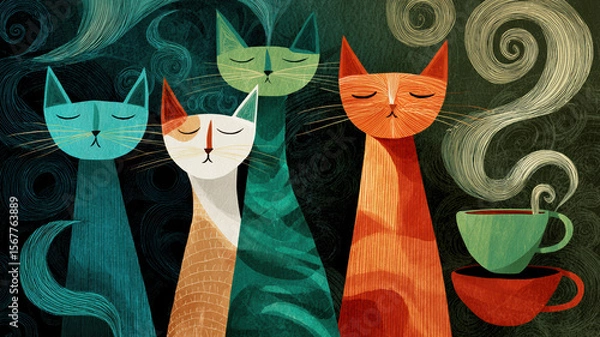 Fototapeta Four stylized cats with long necks and closed eyes — blue, white, and orange — near a steaming green cup on a red saucer, spiral steam, dark green-black background.
