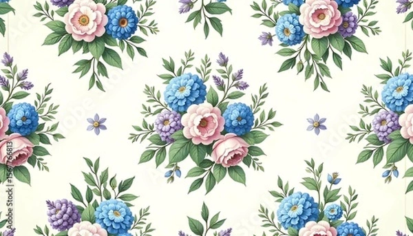 Fototapeta Detailed floral pattern, repeating design of bouquets of blue and purple flowers on a white background, framed by green leafy vines, creating a symmetrical, ornate, and classic pattern, intricate deta