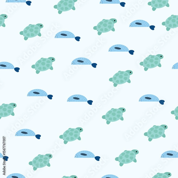 Fototapeta Seamless vector pattern with cute sea turtles and blue fish on a pale background. Ideal for kids’ textiles, baby decor, wrapping paper, and ocean-themed designs