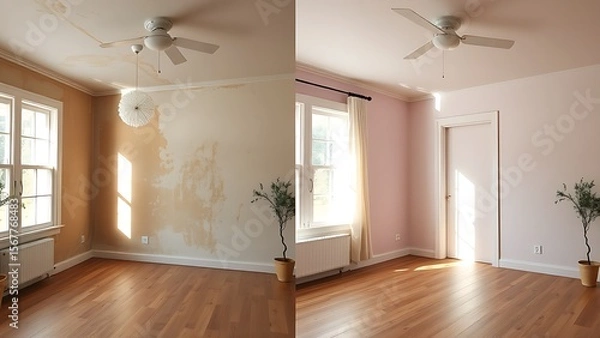 Fototapeta Side-by-side comparison of interior spaces, contrasting worn walls with fresh paint and new flooring.