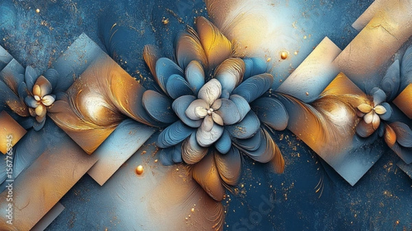 Fototapeta Abstract floral arrangement on a textured blue background. Intricate layers of petals and swirling elements.
Golden and white flowers with blue botanical details.
