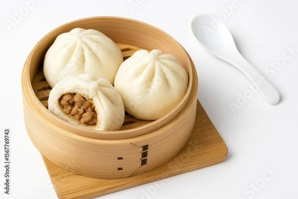 Fototapeta Soft steamed pork dumplings displayed on a plain white backdrop