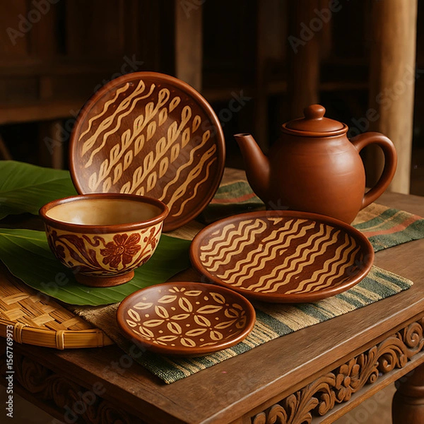 Fototapeta Handcrafted Terracotta Tea Set with Intricate Designs