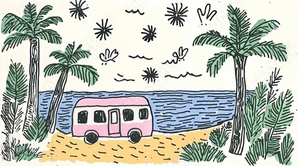 Fototapeta Pink van by the tropical beach with palm trees and starry sky in playful doodle art