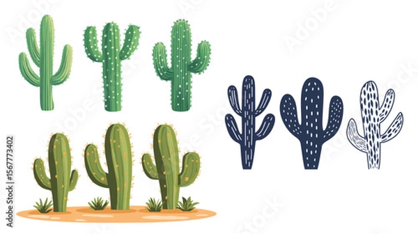 Fototapeta Minimalist vector graphic of a cluster of three cacti with clean lines and simple shapes, representing desert plants, nature, and botanical themes in a modern and elegant style suitable for digital an