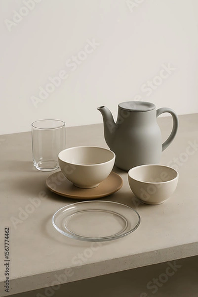Fototapeta Elegant Minimalist Table Setting Grey Teapot, Bowls, and Glassware