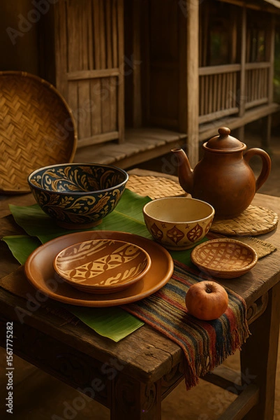 Fototapeta Rustic Table Setting with Handcrafted Pottery and Woven Accents