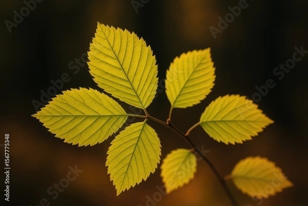 Fototapeta Bright yellow-green foliage with jagged margins, contrasted against a shadowy, out-of-focus backdrop, illustrating a seasonal change.