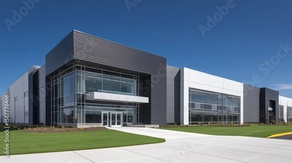 Fototapeta Modern data center office building features a striking glass facade and design