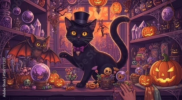 Fototapeta Halloween Black Cat with Top Hat and Bow Tie in a Spooky Witch's Shop | Festive Fall Scene with Pumpkins, Bats, and Crystals for Halloween Cards and Party Invitations