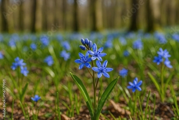 Fototapeta Early spring blooms of the Scilla Squill plant in a woodland setting