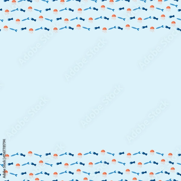 Fototapeta Flat marine illustration with jellyfish, fish, and shrimp in blue and orange tones. Decorative borders on top and bottom, empty center for text. Perfect for invitations and social media